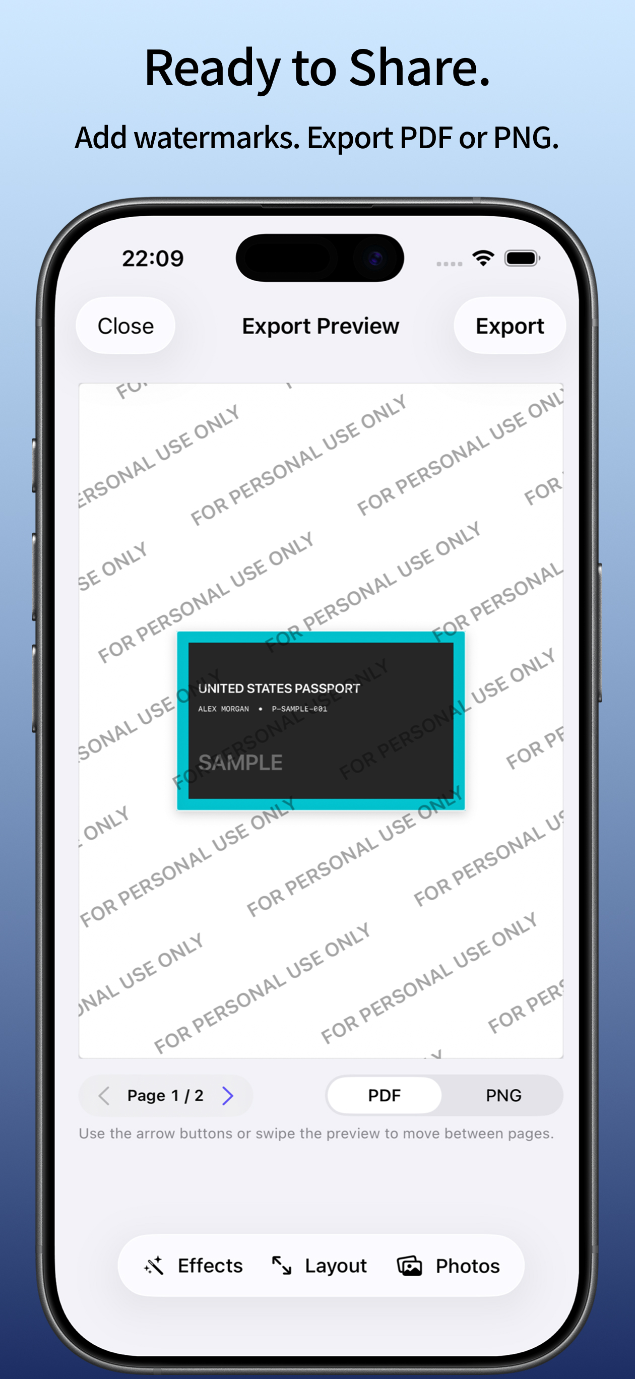 ID Pocket export preview with PDF and PNG options