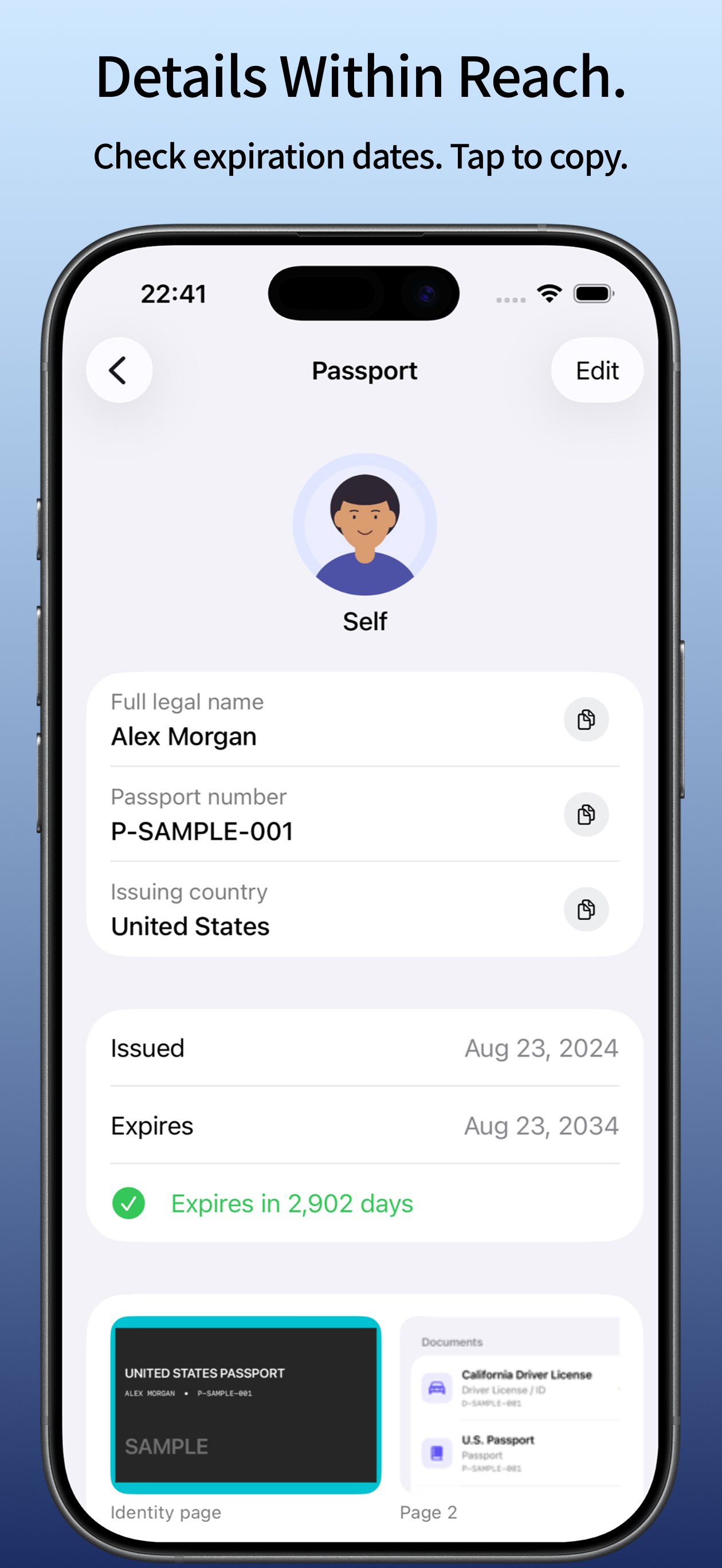 Document details with expiration dates and quick copying