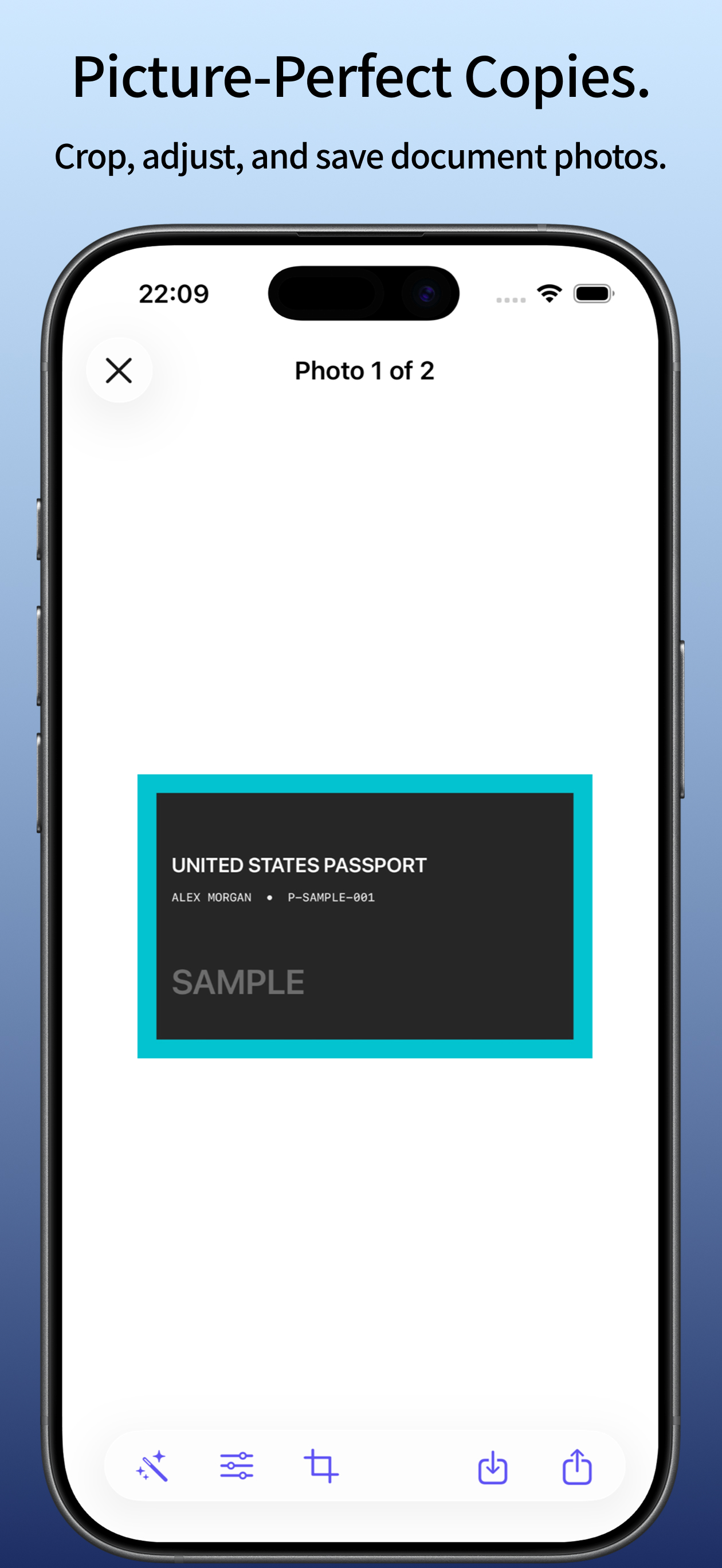 Document photo editing with crop and appearance controls