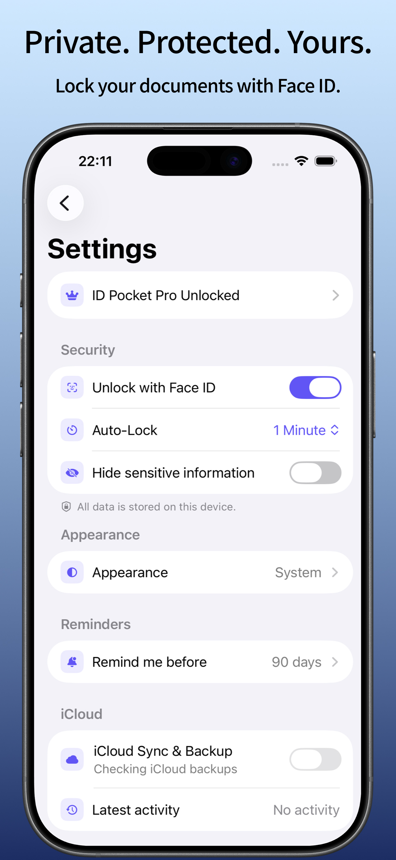 ID Pocket settings with app lock and optional iCloud sync and backups